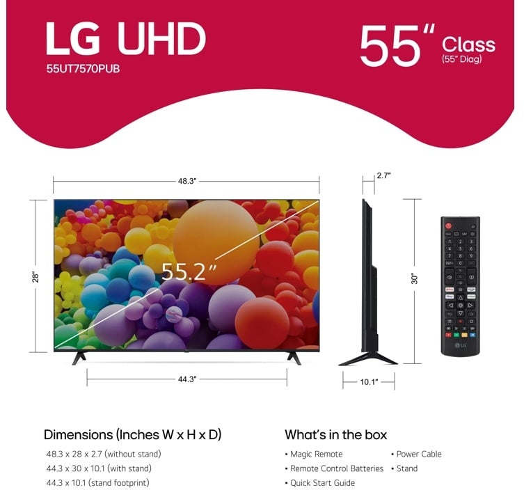 LG Electronics 55UT7570PUB 4K UHD 60 Hz Smart LED TV w/ A5 Gen 5 Gen 7 Intell...