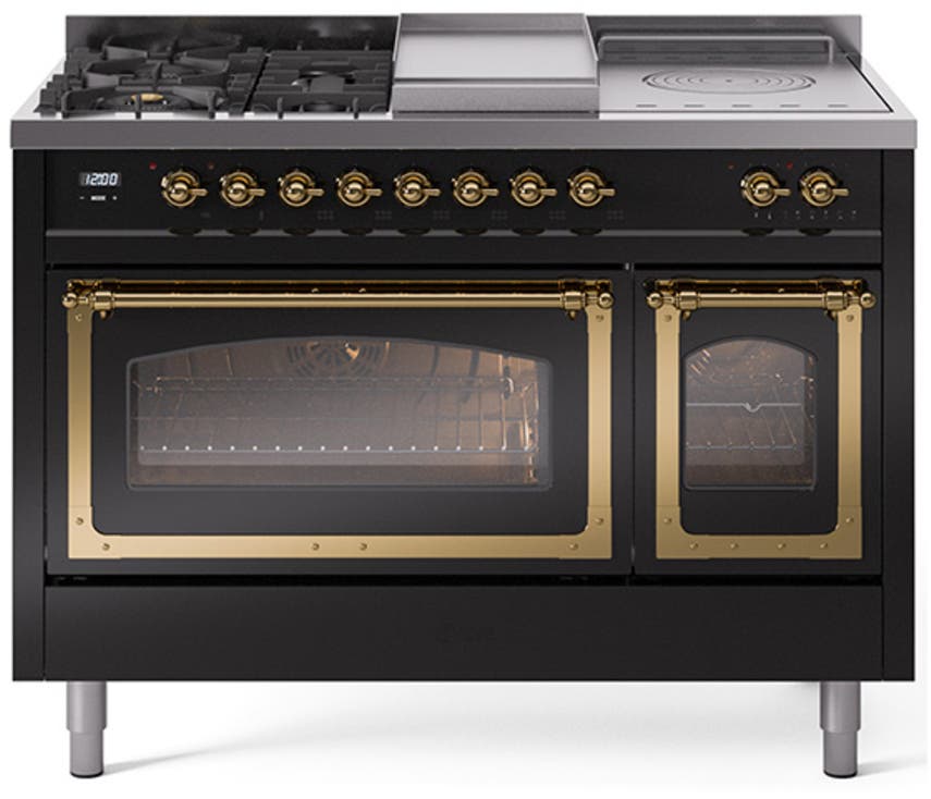 Ilve UN48FSNMPBKGLP Glossy Black With Brass Knobs, Liquid Propane