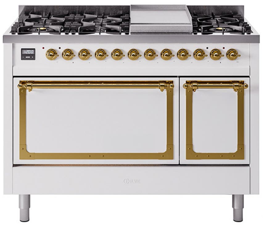 Ilve UN48FQNMPWHGLP White With Brass Knobs, Liquid Propane