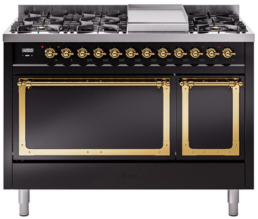 Ilve UN48FQNMPBKGLP Glossy Black With Brass Knobs, Liquid Propane