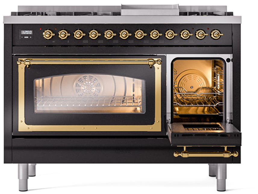 Ilve UN48FNMPBKGLP Glossy Black With Brass Knobs, Liquid Propane