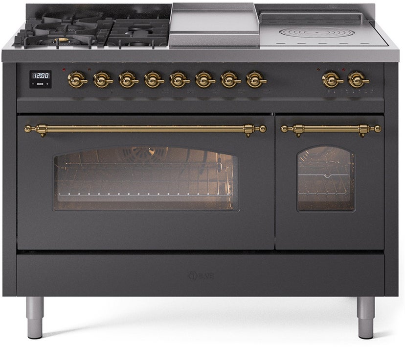 Ilve UP48FSNMPMGG 48 inch Dual Fuel Range Gas Burner Top and Electri...