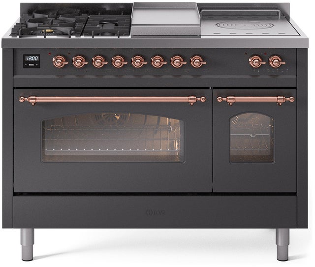 Ilve UP48FSNMPMGP 48 inch Dual Fuel Range Gas Burner Top and Electri...