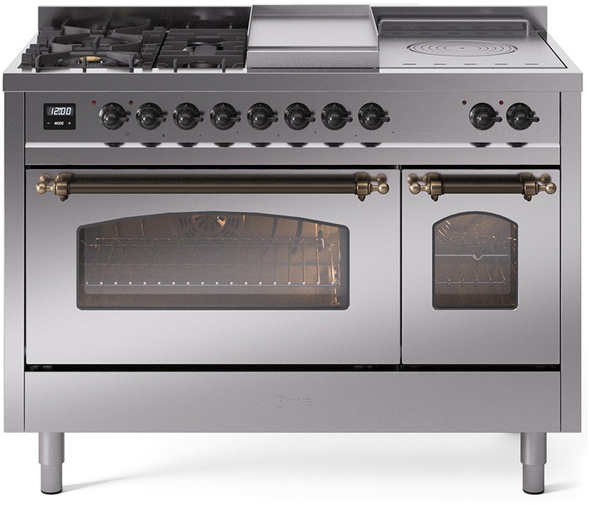 Ilve UP48FSNMPSSB 48 inch Dual Fuel Range Gas Burner Top and Electri...