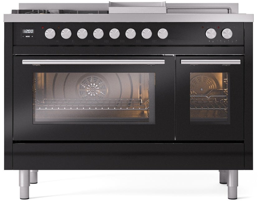 Ilve UP48FSWMPBK 48 inch Dual Fuel Range Gas Burner Top and Electri...