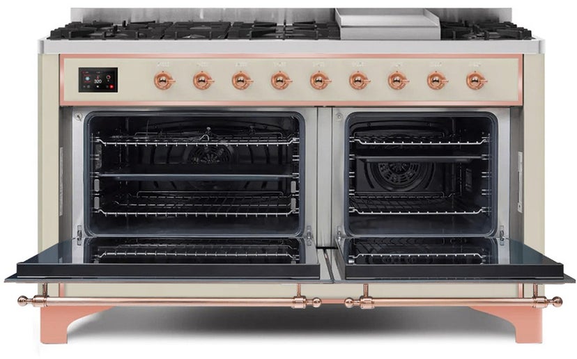 Ilve UM15FDQNS3AWP 60" Dual Fuel Range w/ 9 Sealed Burners, Double Ov...