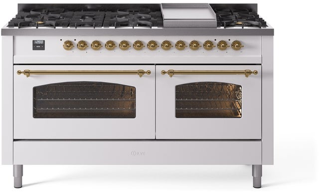 Ilve UP60FNMPWHGLP 60 inch Dual Fuel Range Gas Burner Top and Electri...