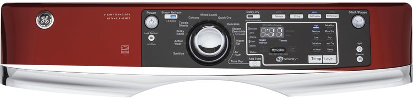 GE GFD48GSPKRR 28 Inch Front Load Gas Dryer with Steam: Ruby Red