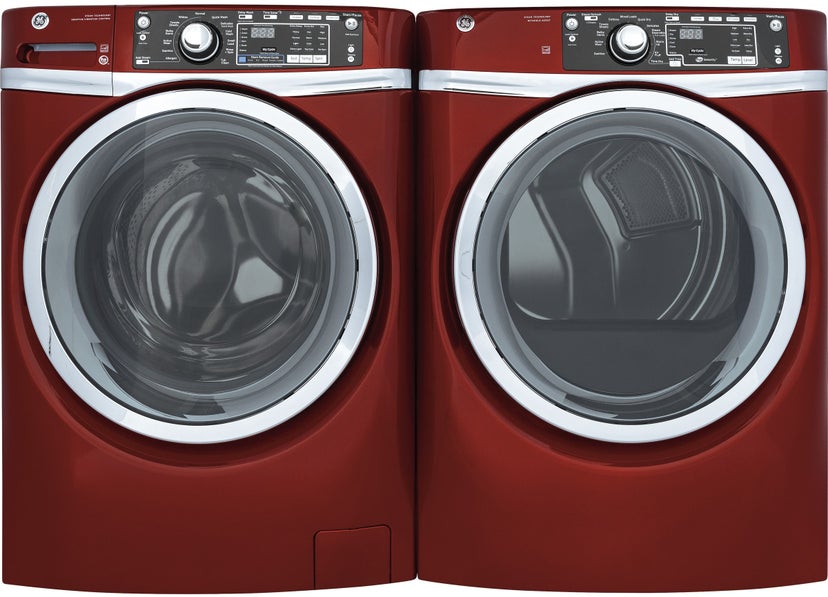GE GFD48GSPKRR 28 Inch Front Load Gas Dryer with Steam: Ruby Red