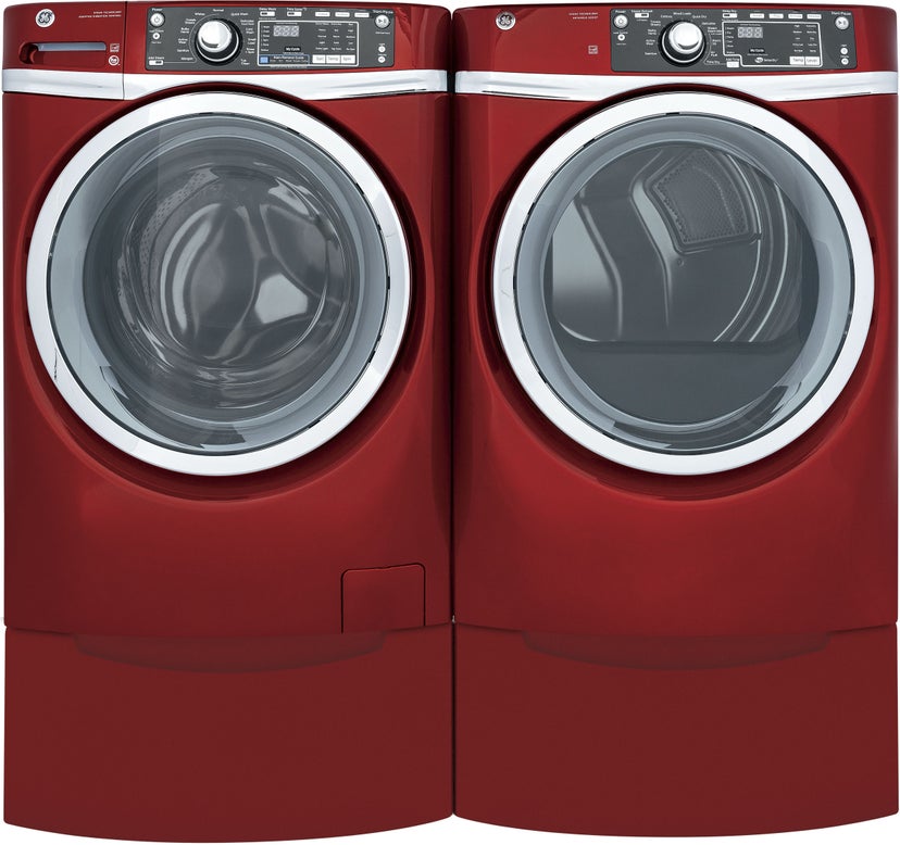 GE GFD48GSPKRR 28 Inch Front Load Gas Dryer with Steam: Ruby Red