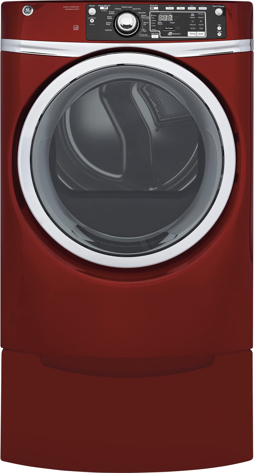 GE GFD48GSPKRR 28 Inch Front Load Gas Dryer with Steam: Ruby Red