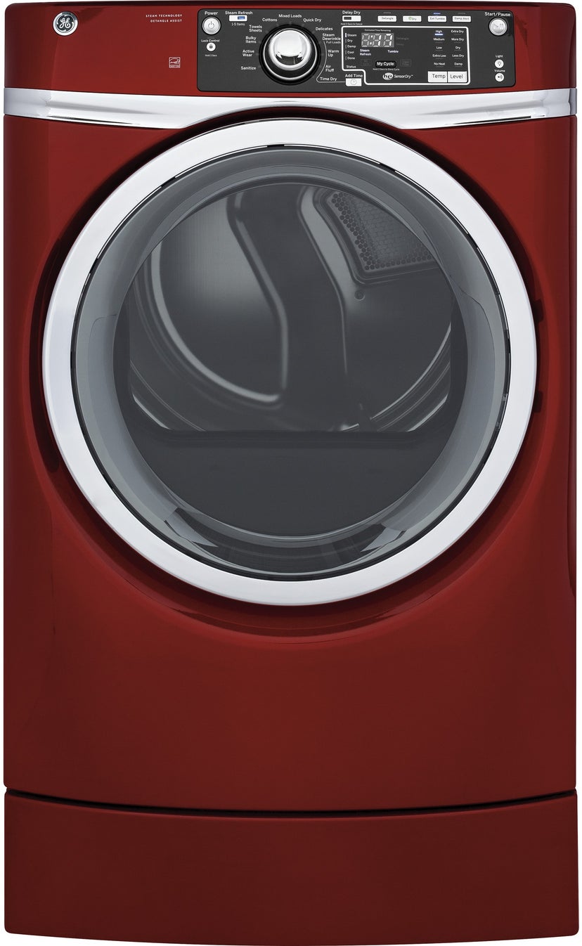GE GFD48GSPKRR 28 Inch Front Load Gas Dryer with Steam: Ruby Red