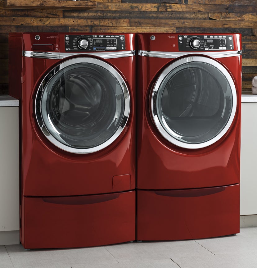 GE GFD48GSPKRR 28 Inch Front Load Gas Dryer with Steam: Ruby Red
