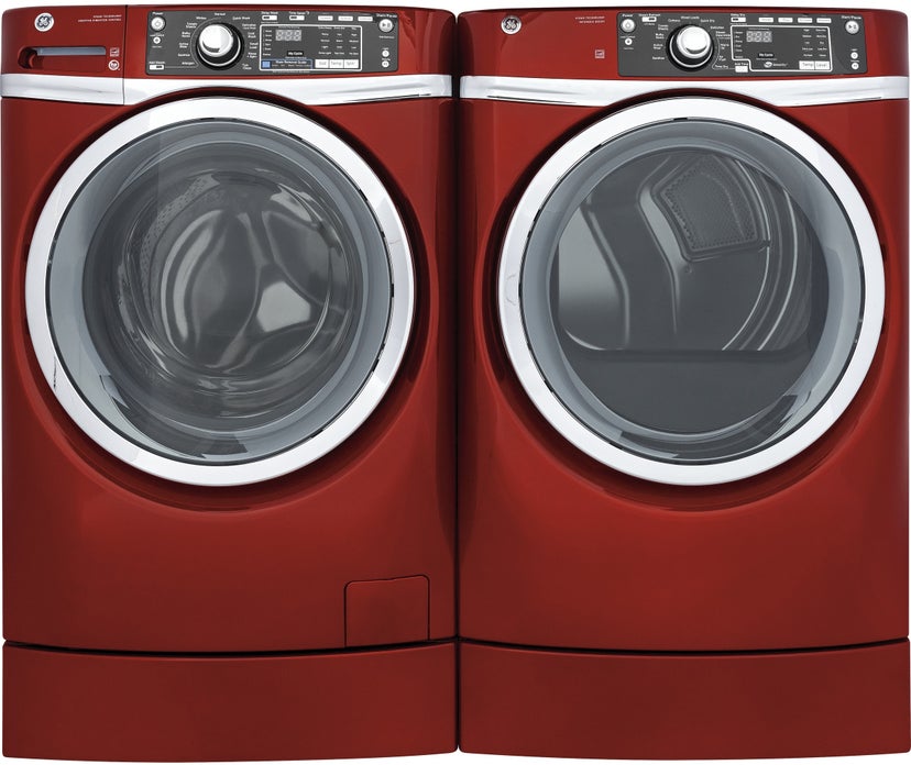 GE GFD48GSPKRR 28 Inch Front Load Gas Dryer with Steam: Ruby Red