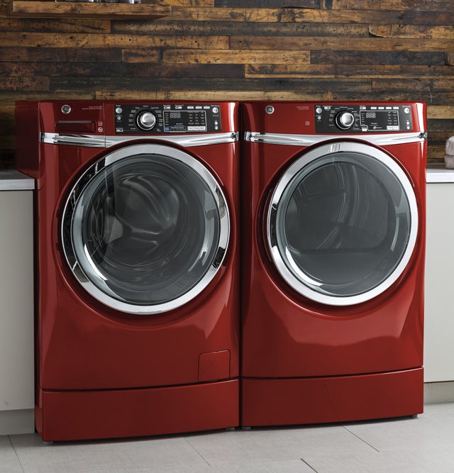 GE GFD48GSPKRR 28 Inch Front Load Gas Dryer with Steam: Ruby Red
