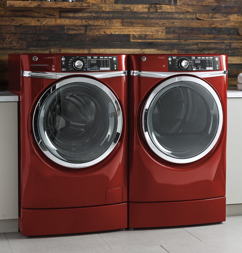 GE GFD48GSPKRR 28 Inch Front Load Gas Dryer with Steam: Ruby Red