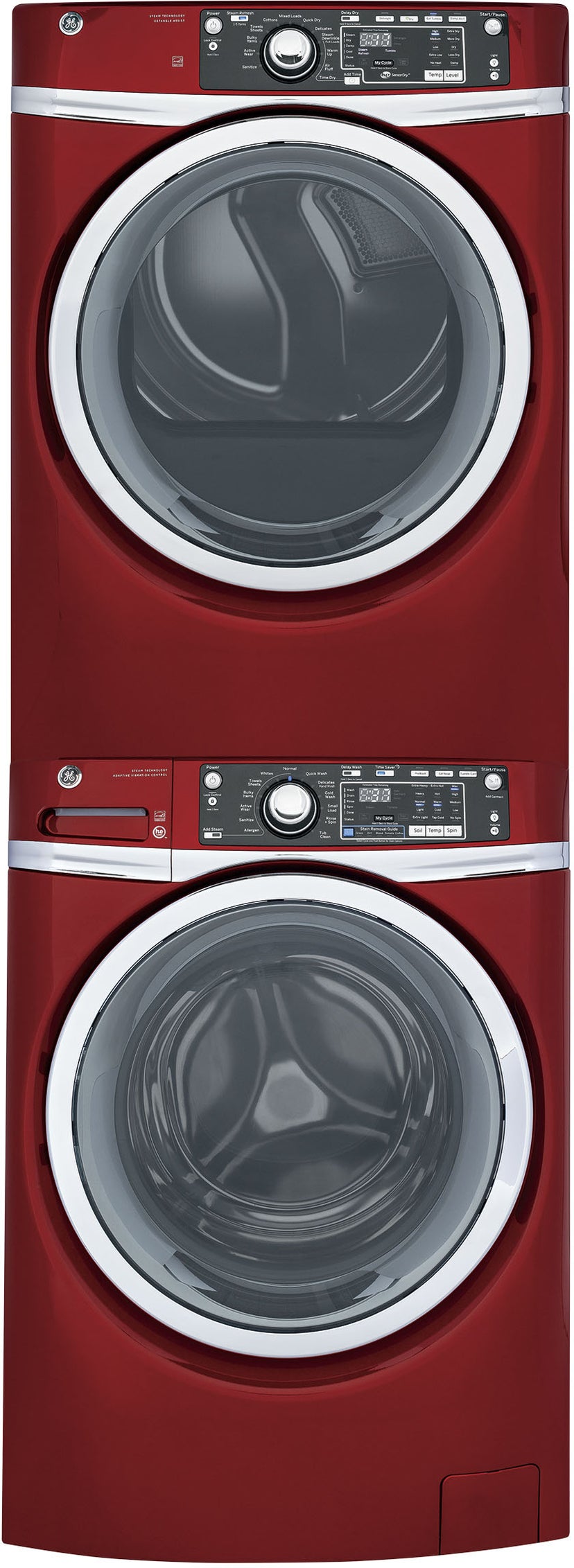 GE GFD48GSPKRR 28 Inch Front Load Gas Dryer with Steam: Ruby Red