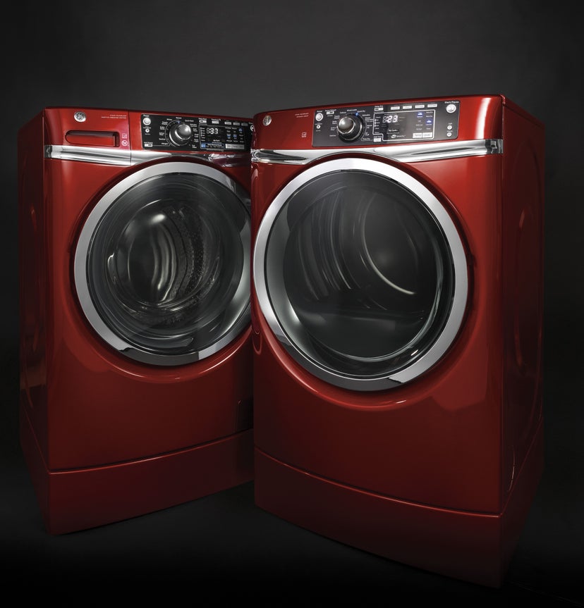 GE GFD48GSPKRR 28 Inch Front Load Gas Dryer with Steam: Ruby Red