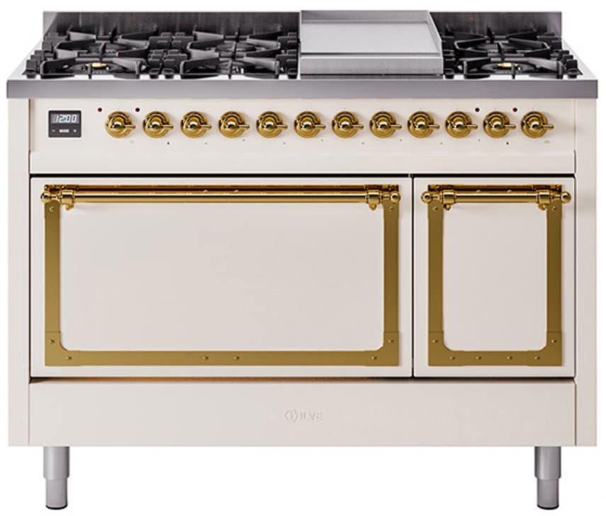 Ilve UN48FQNMPAWG Antique White With Brass Knobs, Natural Gas