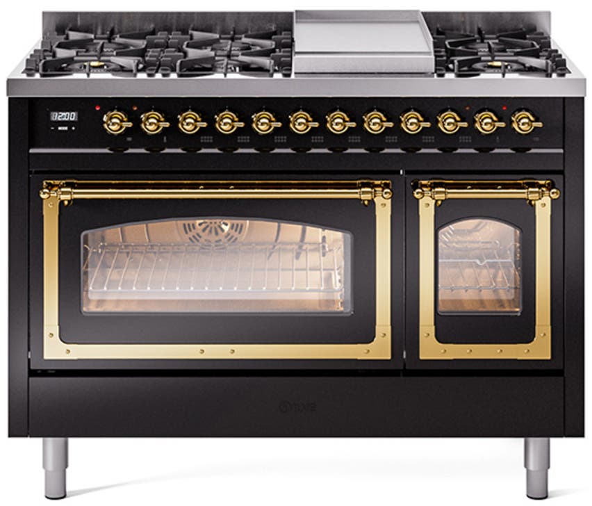 Ilve UN48FNMPBKG Glossy Black With Brass Knobs, Natural Gas
