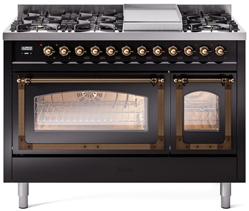 Ilve UN48FNMPBKBLP Glossy Black With Bronze Knobs, Liquid Propane
