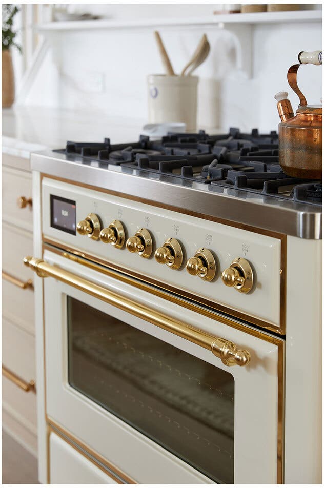 Ilve UM09FDNS3AWG Natural Gas In Antique White W/ Brass Trim