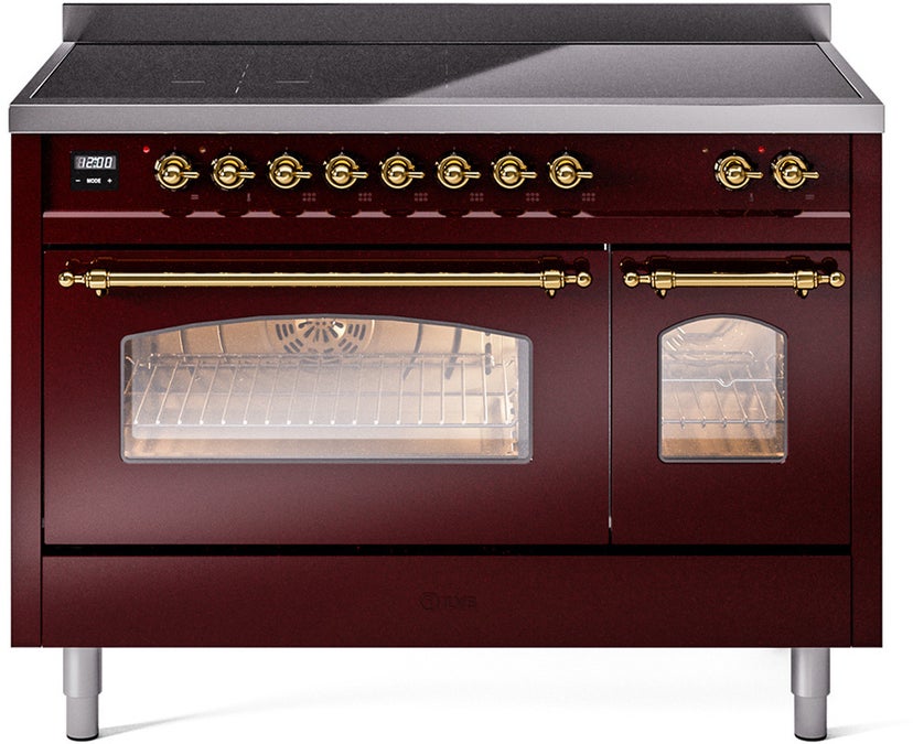 Ilve UPI486NMPBUG 48 inch All Electric Range: Burgundy Brass