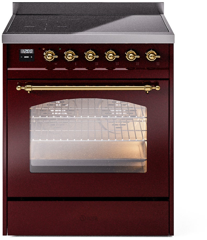 Ilve UPI304NMPBUG 30 inch All Electric Range: Burgundy Brass