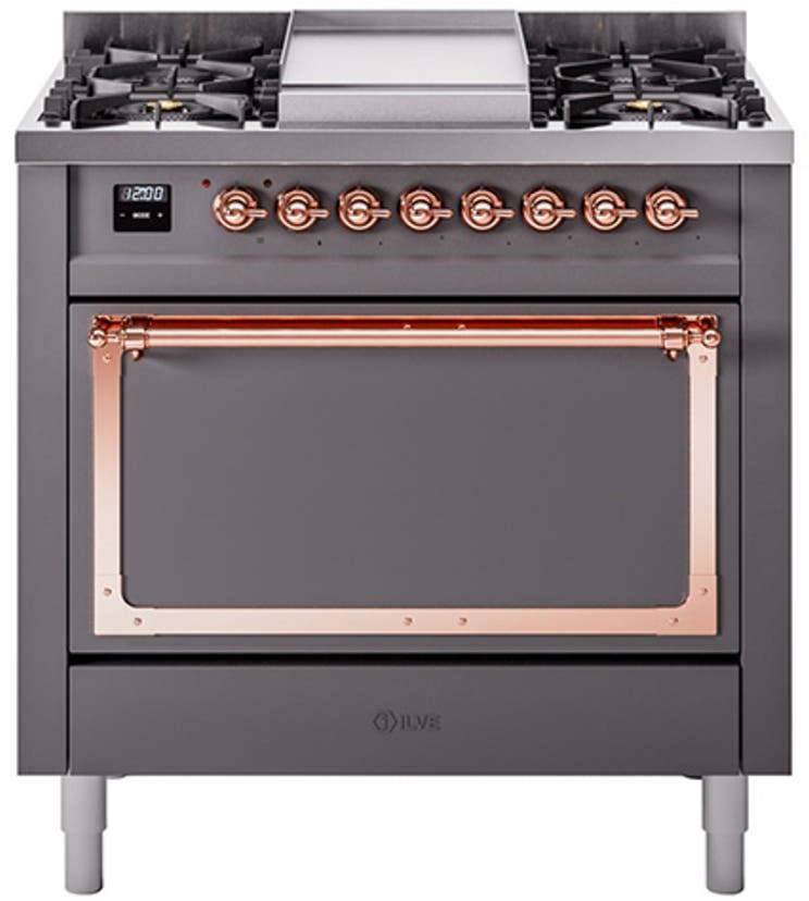 Ilve UN36FQNMPMGP Graphite Matte With Copper Knobs, Natural Gas