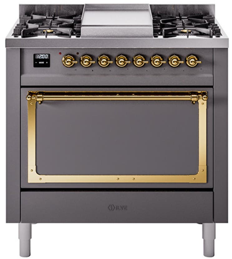 Ilve UN36FQNMPMGG Graphite Matte With Brass Knobs, Natural Gas