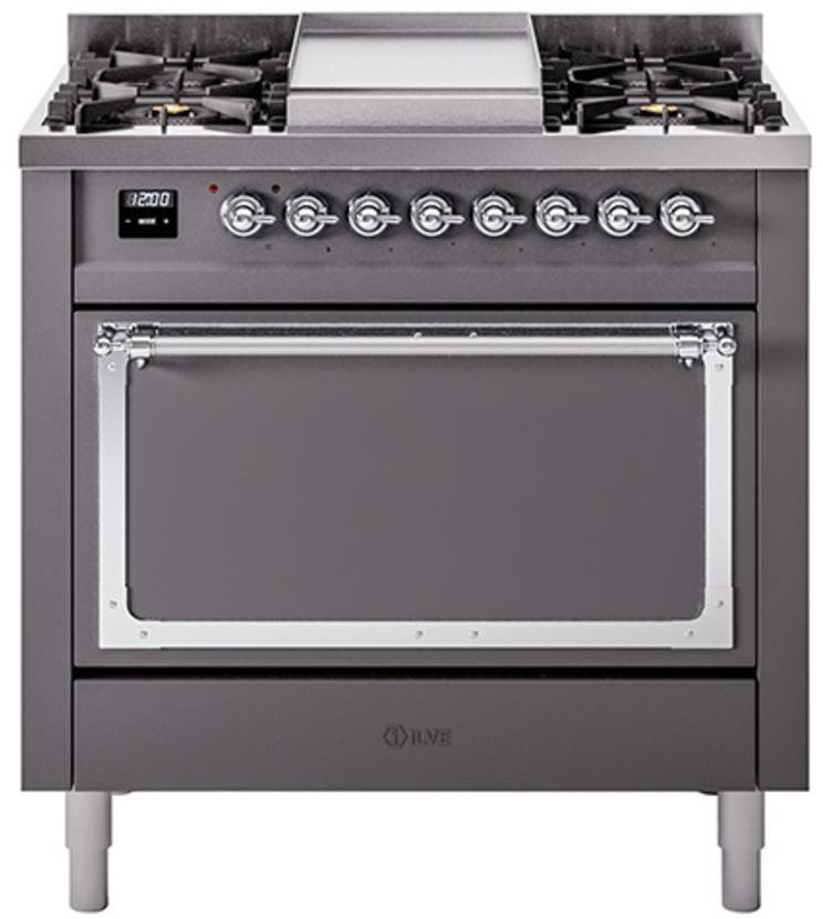 Ilve UN36FQNMPMGC Graphite Matte With Chrome Knobs, Natural Gas