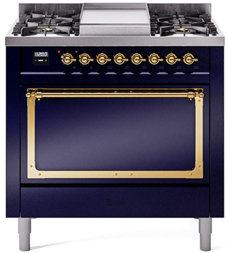 Ilve UN36FQNMPMBGLP Midnight Blue With Brass Knobs, Liquid Propane