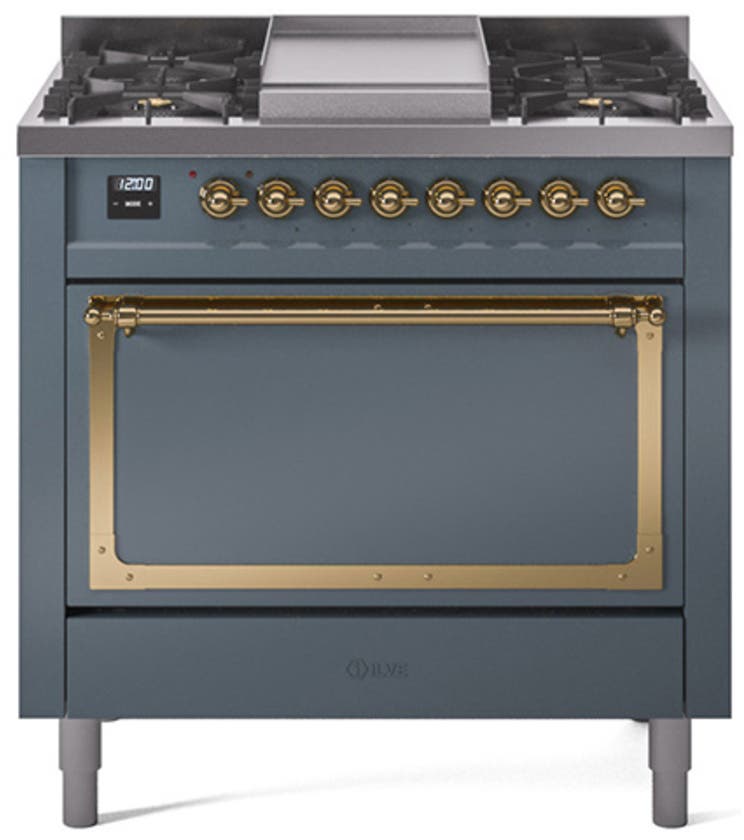 Ilve UN36FQNMPBGGLP Blue Grey With Brass Knobs, Liquid Propane