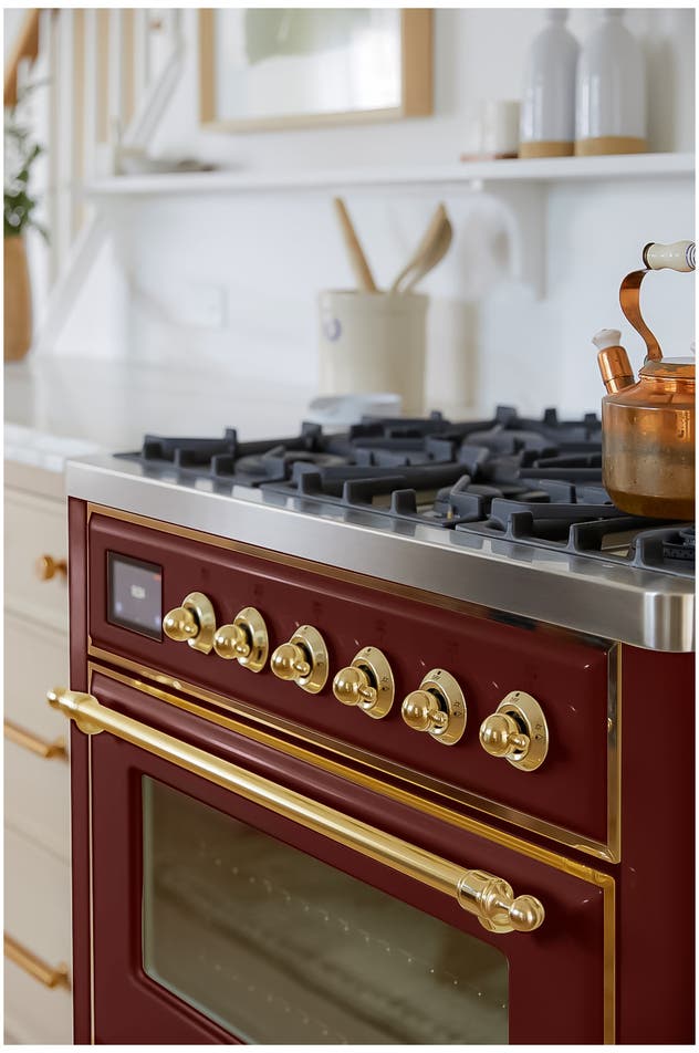 Ilve UM09FDNS3BUGLP Liquid Propane In Burgundy W/ Brass Trim