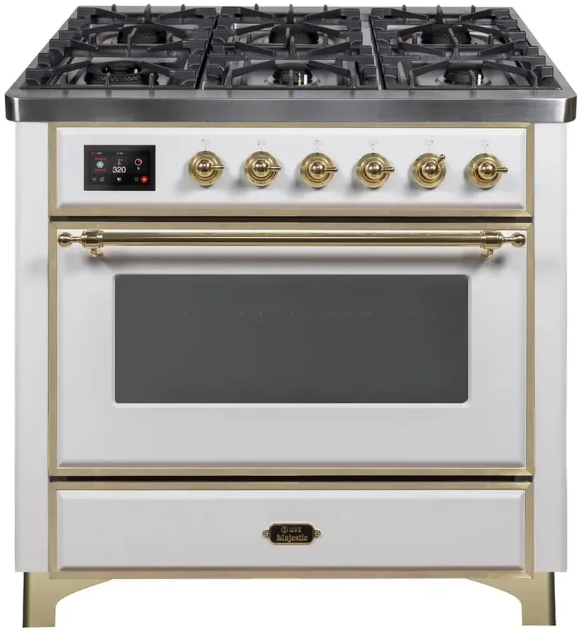 Ilve UM09FDNS3WHG 36" Dual Fuel Freestanding Range w/ 6 Sealed Burne...