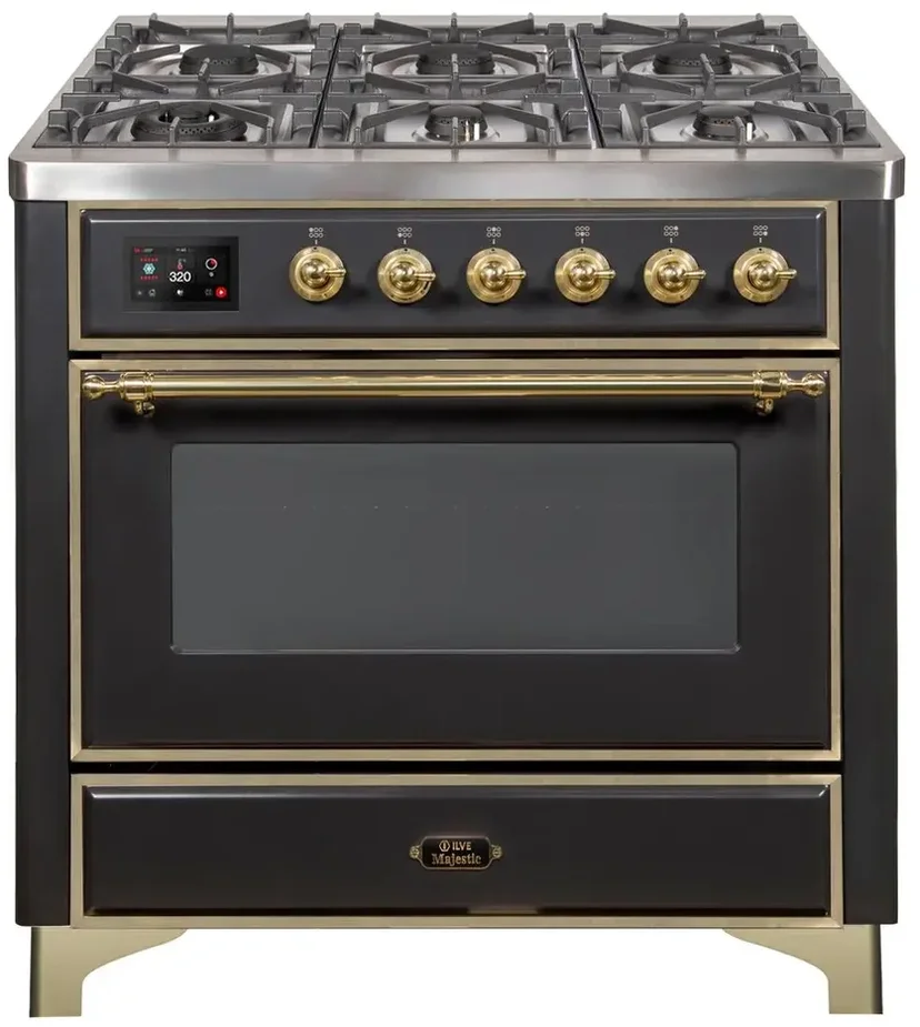 Ilve UM09FDNS3BKGLP 36" Dual Fuel Freestanding Range w/ 6 Sealed Burne...