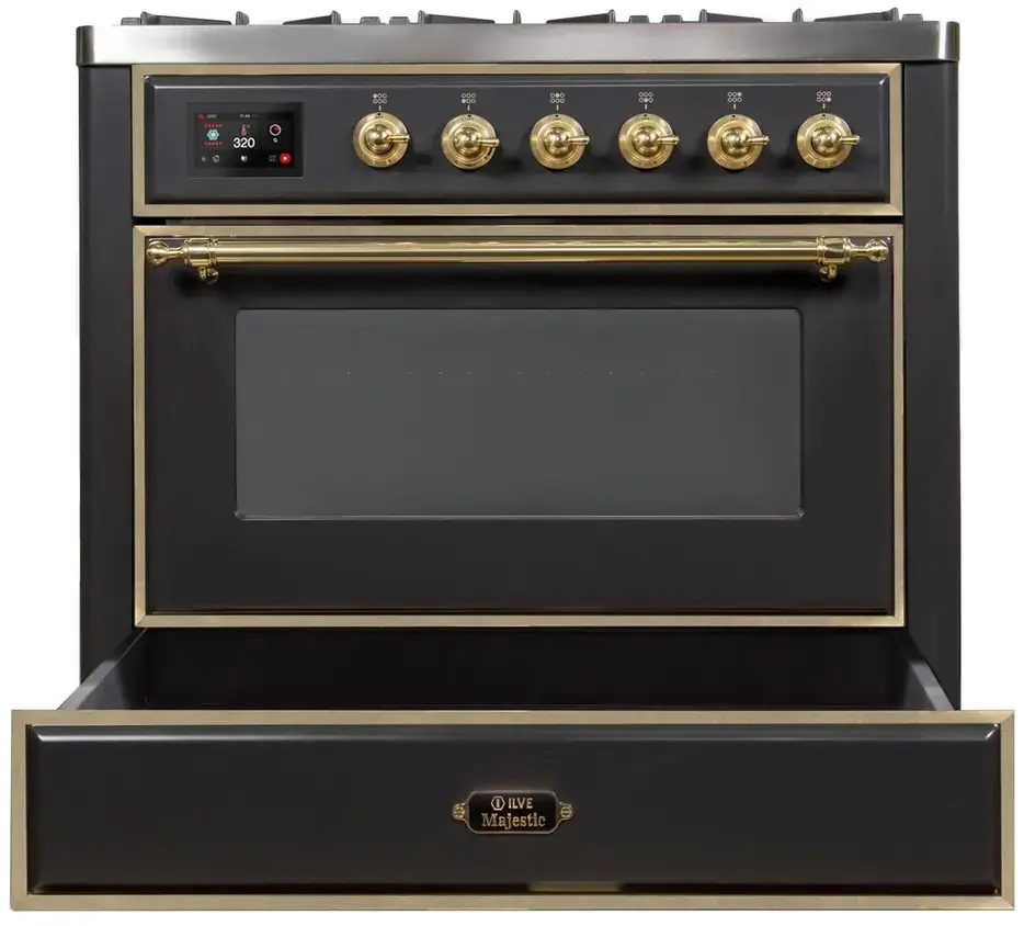 Ilve UM09FDNS3BKGLP Liquid Propane In Glossy Black W/ Brass Trim