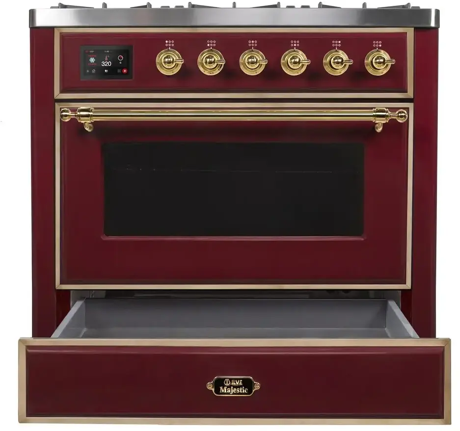 Ilve UM09FDNS3BUGLP Liquid Propane In Burgundy W/ Brass Trim