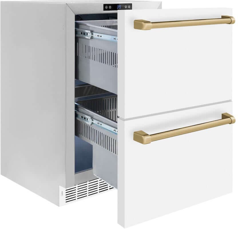 Zline RDSOZWM24CB White Matte Doors And Champagne Bronze Handles