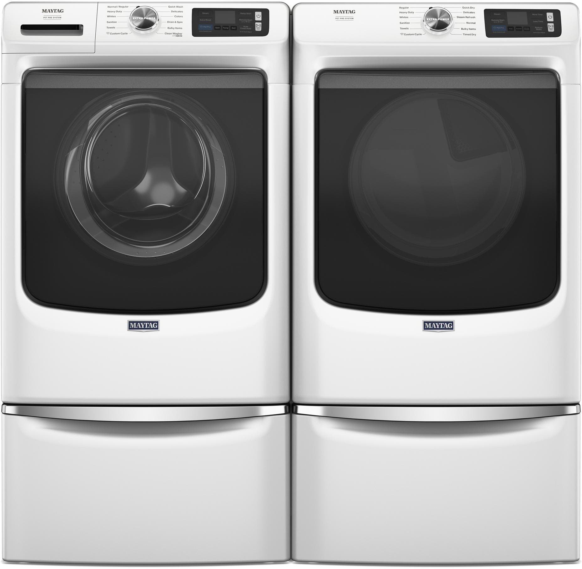 Front Load Washer and Gas Dryer Pair in White on Pedestals