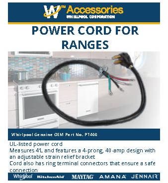 Whirlpool PT400 4 ft. 4-Wire 40 Amp Range Cord
