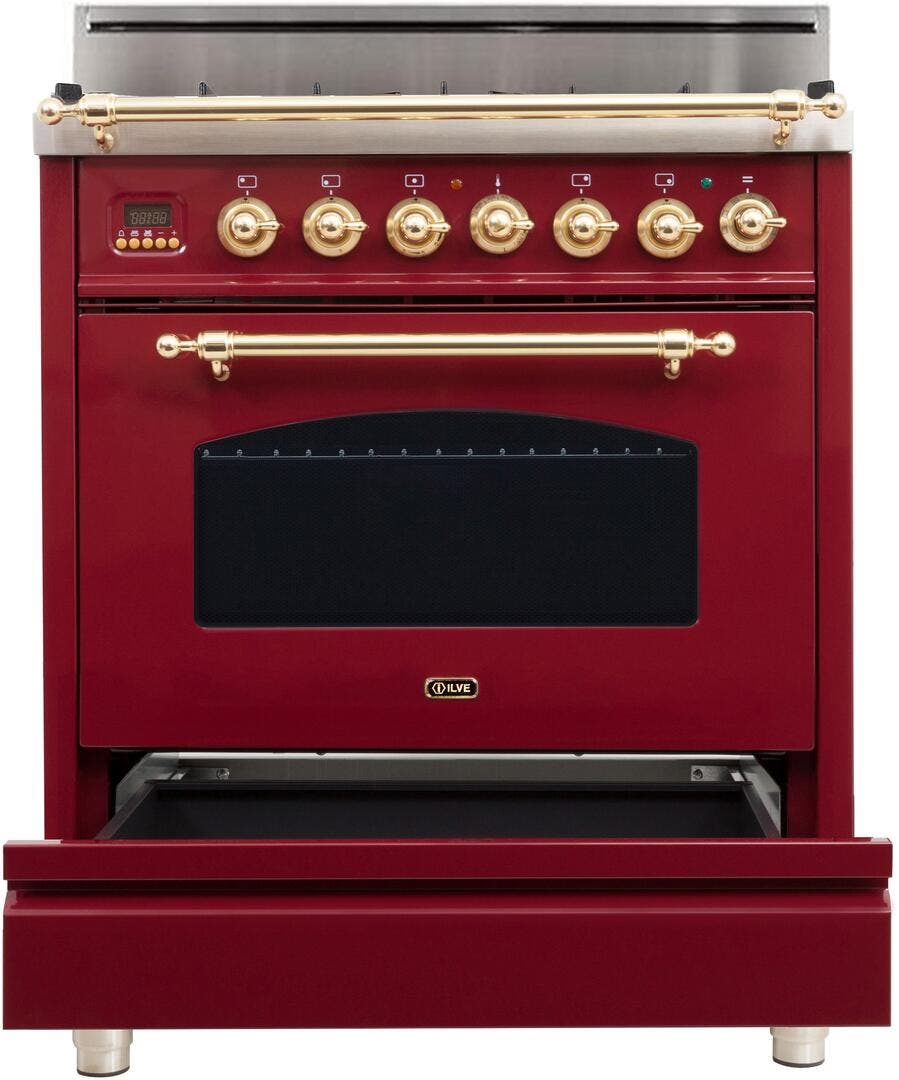 Ilve UPN76DVGGRBLP Liquid Propane In Burgundy W/ Brass Trim