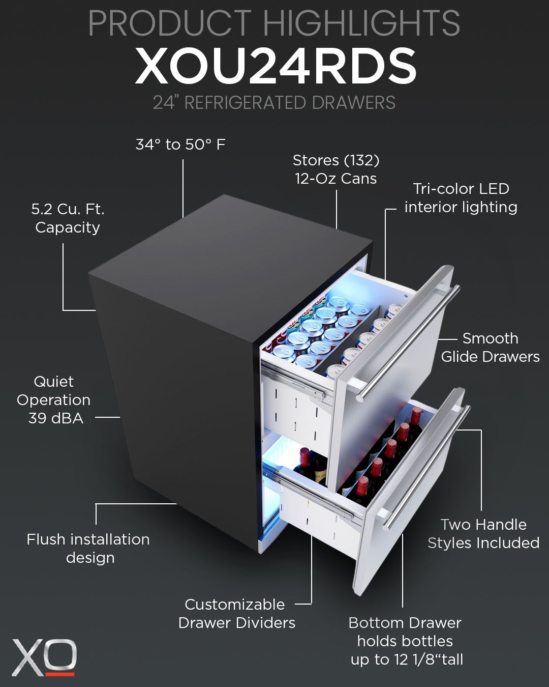 XO XOU24RDS 24 Inch Built-In Under-Counter Beverage Refrigerator