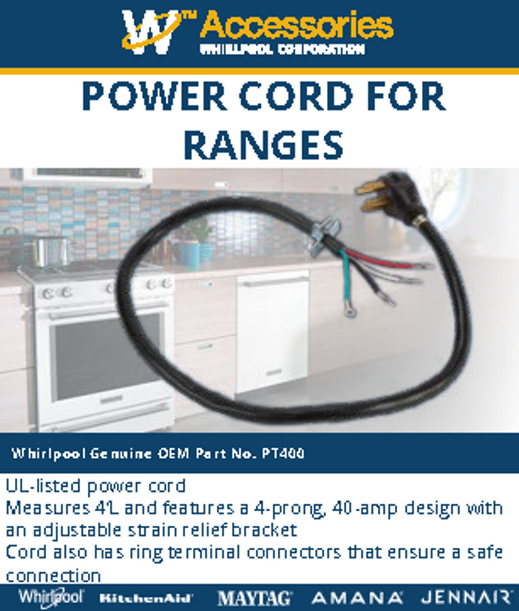 Whirlpool PT400 4 ft. 4-Wire 40 Amp Range Cord