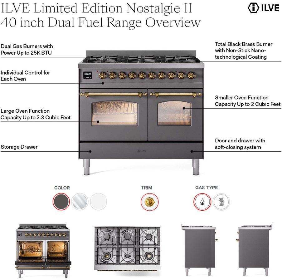 Ilve UPD406NMPMGG 40 Inch Freestanding Dual Fuel Range Graphite