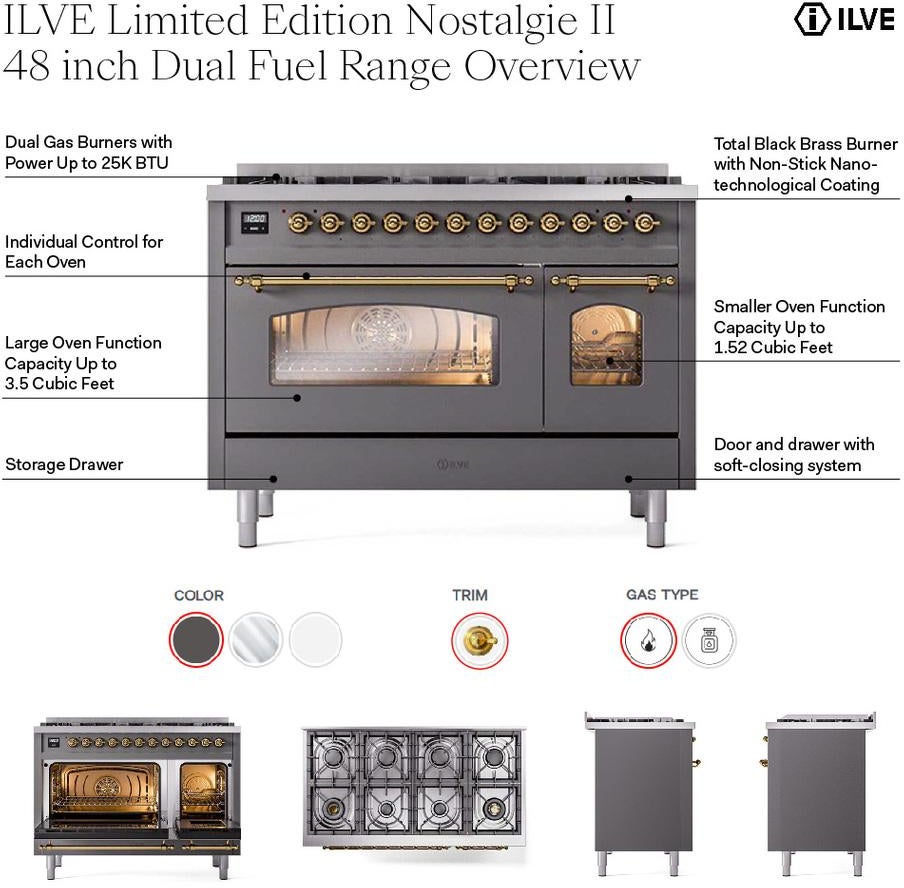 Ilve UP488NMPSSG 48 Inch Freestanding Dual Fuel Range Stainless