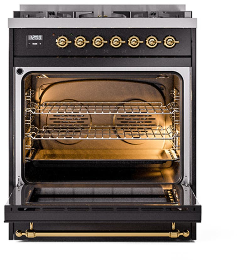 Ilve UN30QNMPBKGLP Glossy Black With Brass Knobs, Liquid Propane