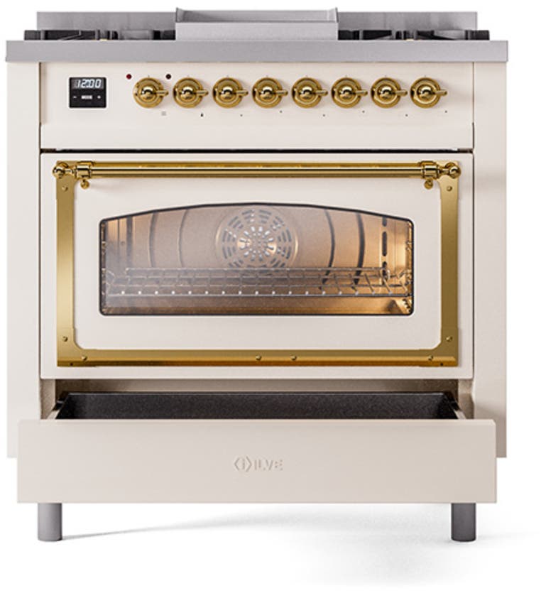 Ilve UN36FNMPAWG Antique White With Brass Knobs, Natural Gas