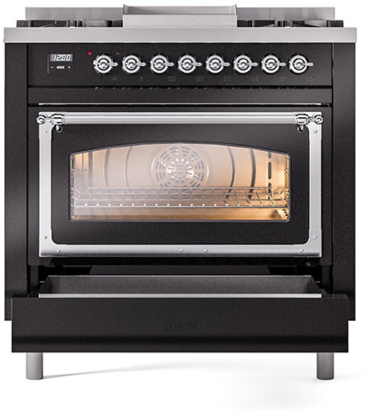 Ilve UN36FNMPBKCLP Glossy Black With Chrome Knobs, Liquid Propane