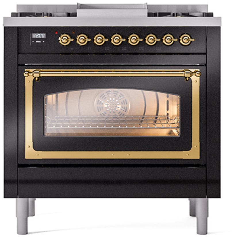 Ilve UN36FNMPBKG Glossy Black With Brass Knobs, Natural Gas